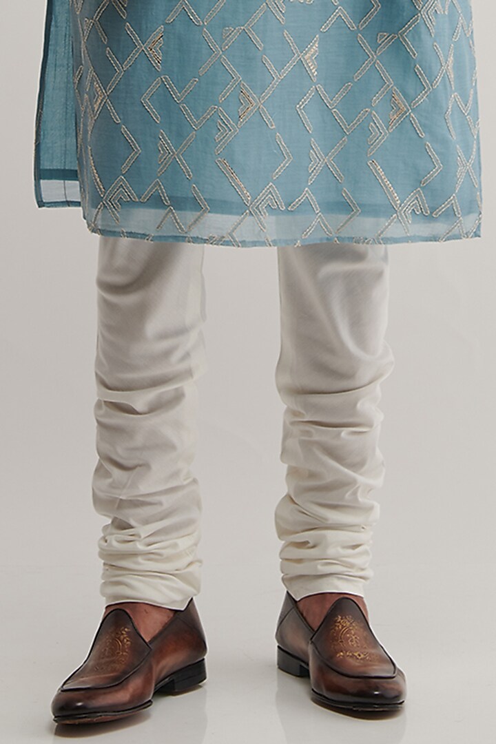 Bay Blue Cotton Silk Chanderi Embroidered Kurta Set by Dhruv Vaish at Pernia's Pop Up Shop