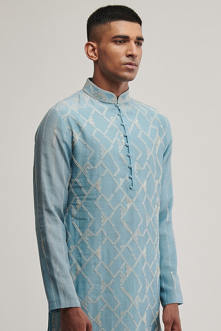Bay Blue Cotton Silk Chanderi Embroidered Kurta Set by Dhruv Vaish at Pernia's Pop Up Shop