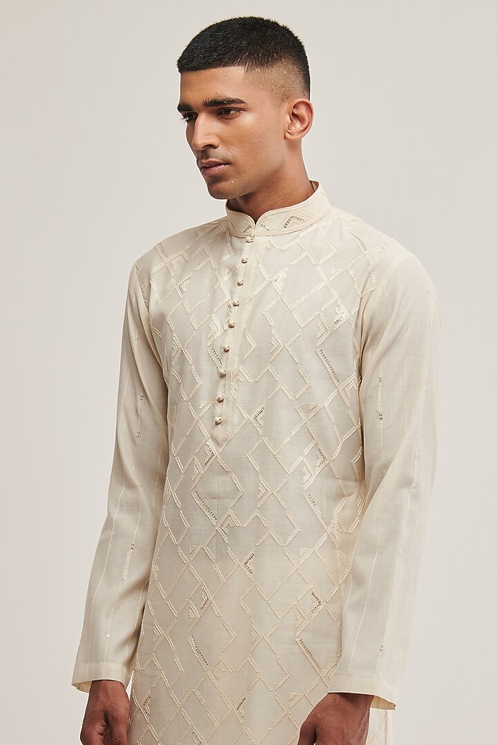 Vanilla Cotton Silk Chanderi Sequins Embroidered Kurta Set by Dhruv Vaish at Pernia's Pop Up Shop