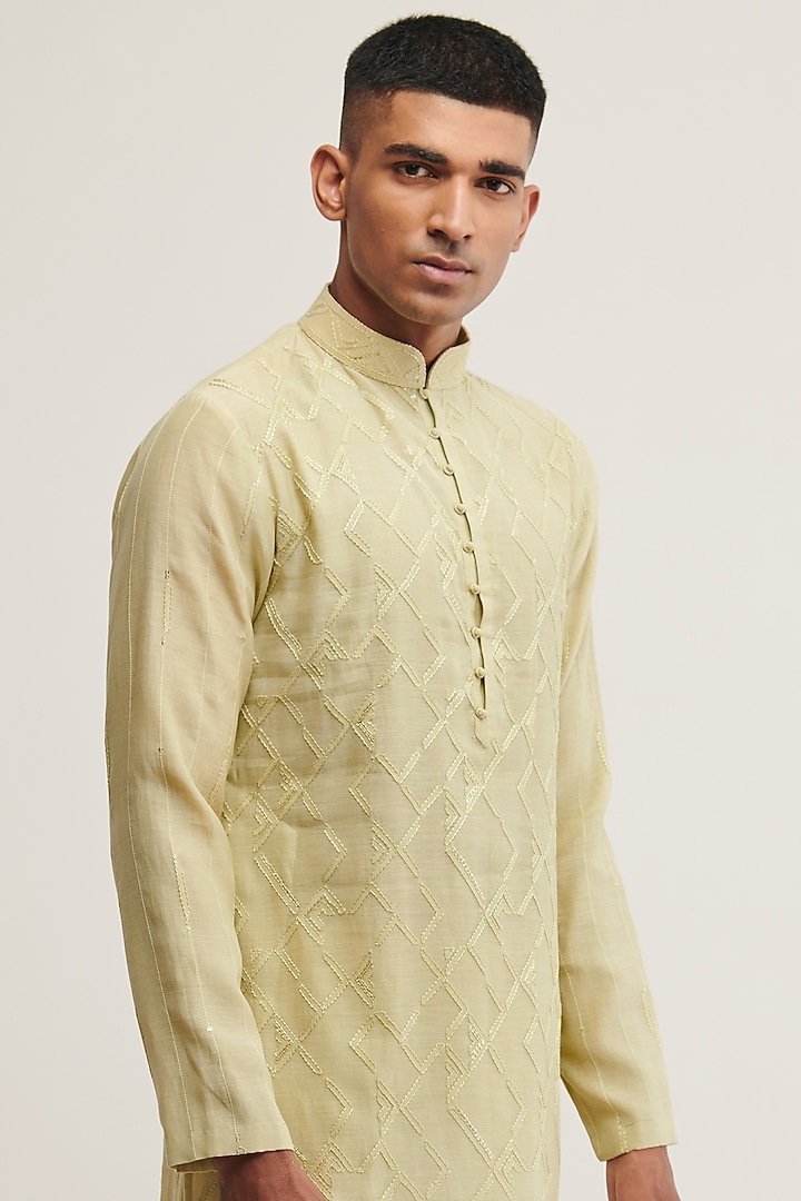 Pale Mint Cotton Silk Sequins Embroidered Kurta Set by Dhruv Vaish at Pernia's Pop Up Shop