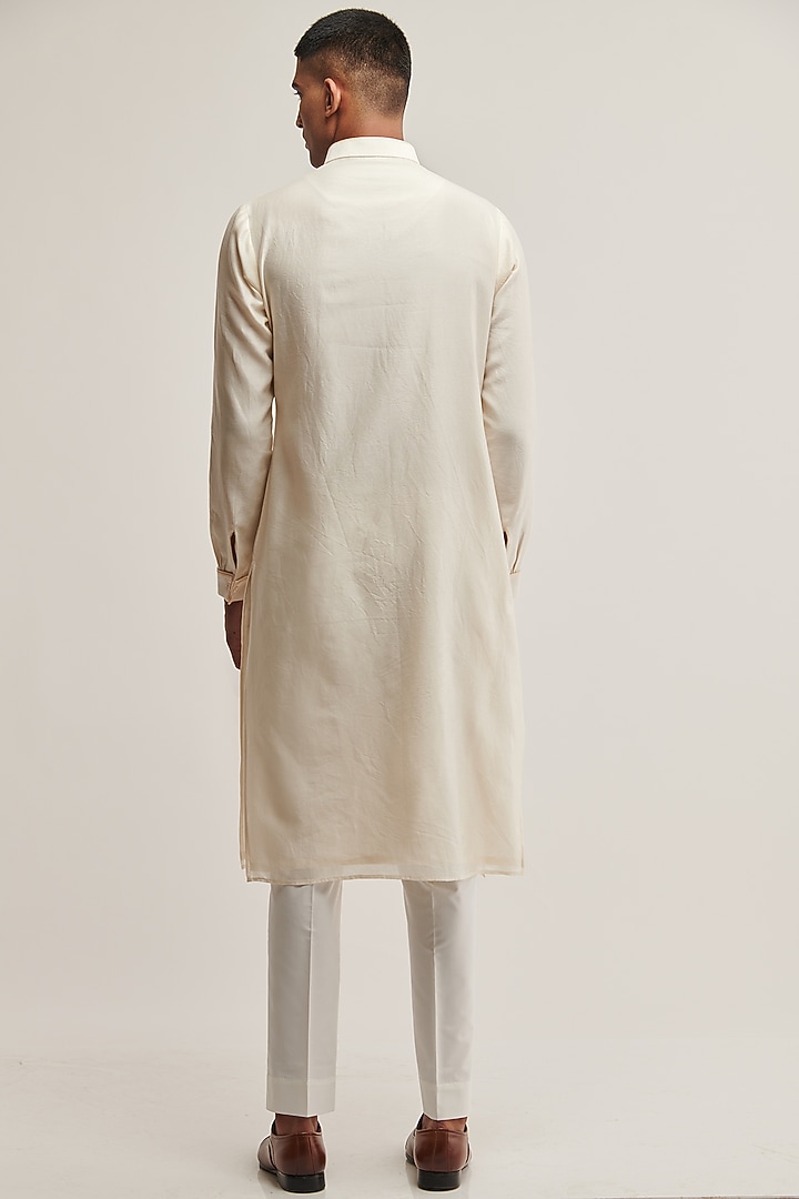 Vanilla-Colored Cotton Silk Chanderi Thread Embroidered Kurta Set by Dhruv Vaish at Pernia's Pop Up Shop