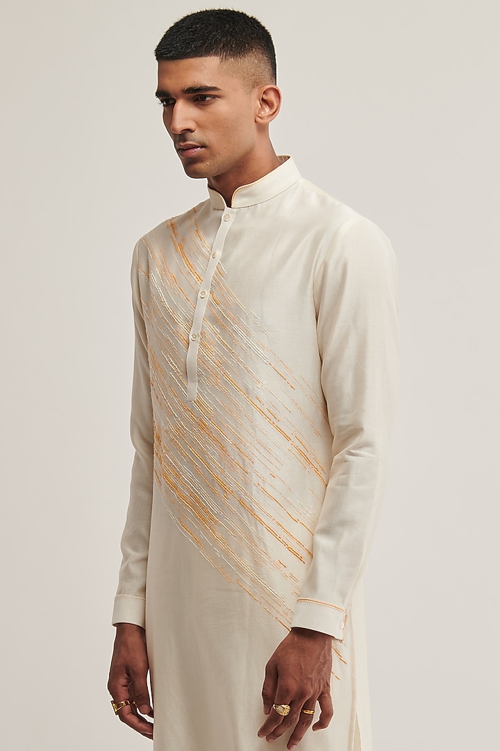 Vanilla-Colored Cotton Silk Chanderi Thread Embroidered Kurta Set by Dhruv Vaish at Pernia's Pop Up Shop