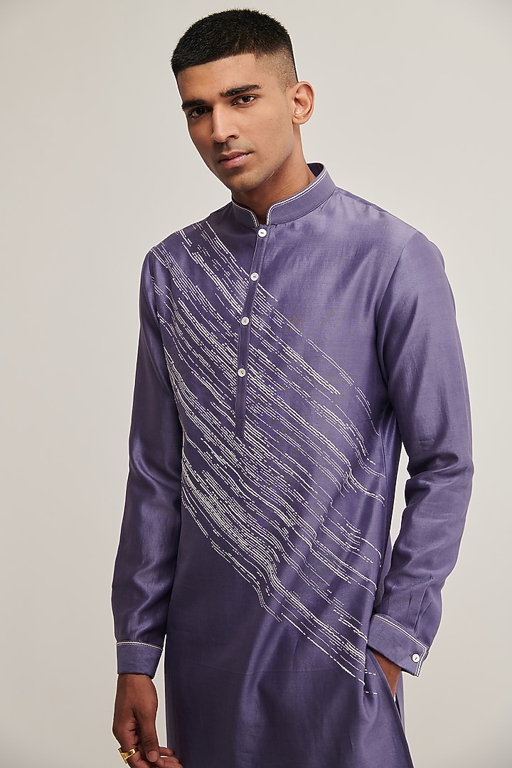 Deep Iris Cotton Silk Chanderi Embroidered Kurta Set by Dhruv Vaish at Pernia's Pop Up Shop