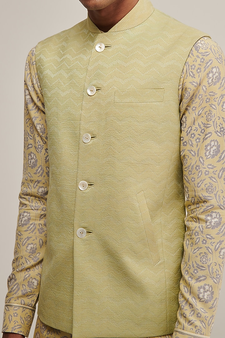 Pale Mint Cotton Silk Embroidered Nehru Jacket by Dhruv Vaish at Pernia's Pop Up Shop