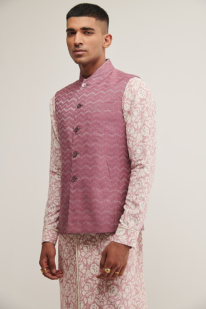 Mauve Mist Cotton Silk Embroidered Nehru Jacket by Dhruv Vaish at Pernia's Pop Up Shop