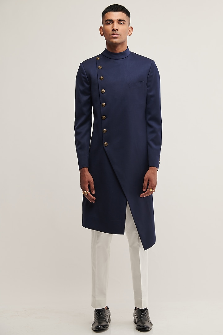 Navy Terriwool Indowestern Jacket by Dhruv Vaish