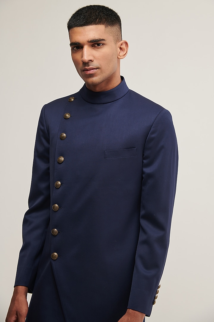 Navy Terrywool Wedding Indowestern Jacket by Dhruv Vaish at Pernia's Pop Up Shop
