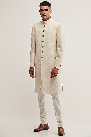 Cream Silk Embroidered Sherwani Set by Dhruv Vaish