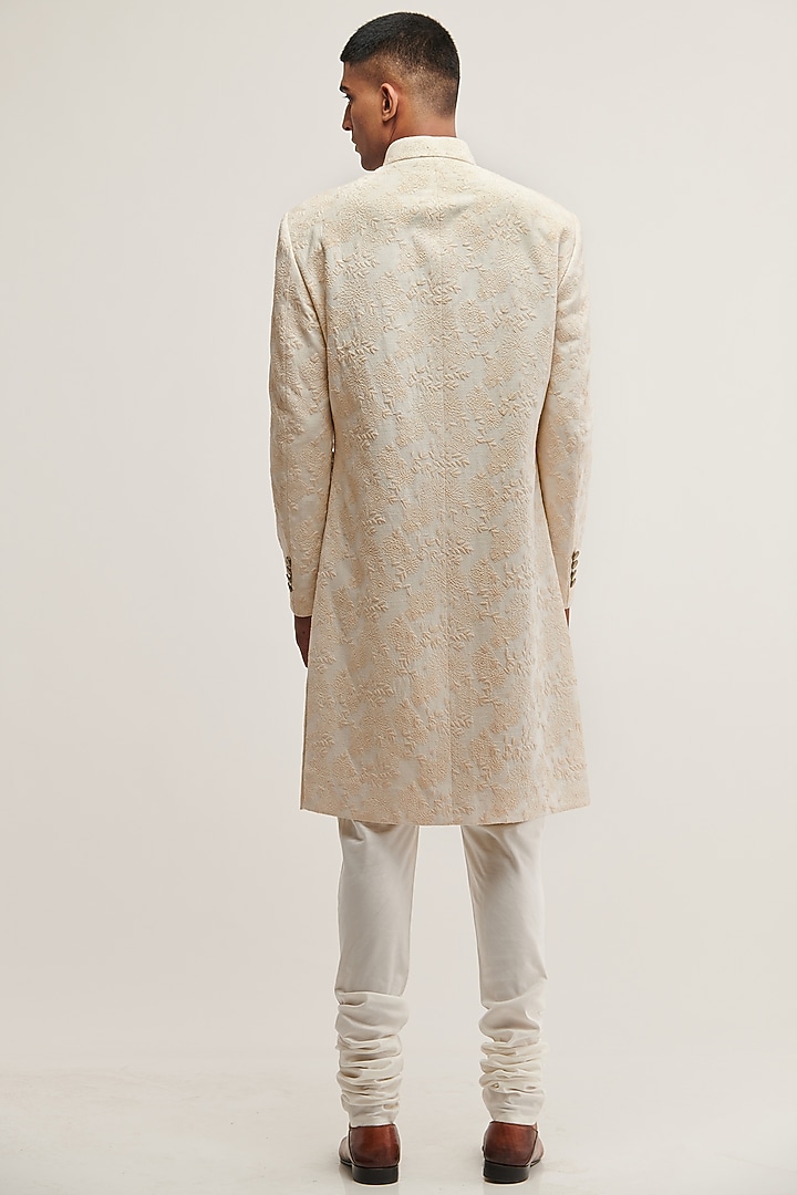 Cream Silk Embroidered Groom Sherwani Set by Dhruv Vaish at Pernia's Pop Up Shop