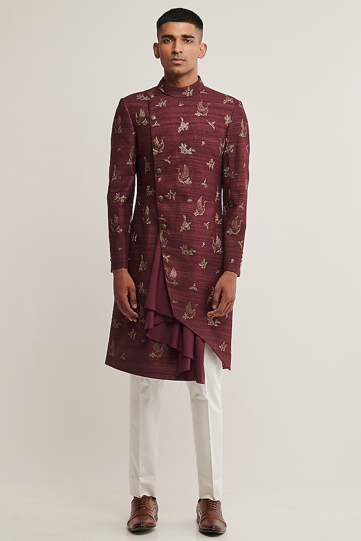 Old Mauve Embroidered Indowestern Set by Dhruv Vaish