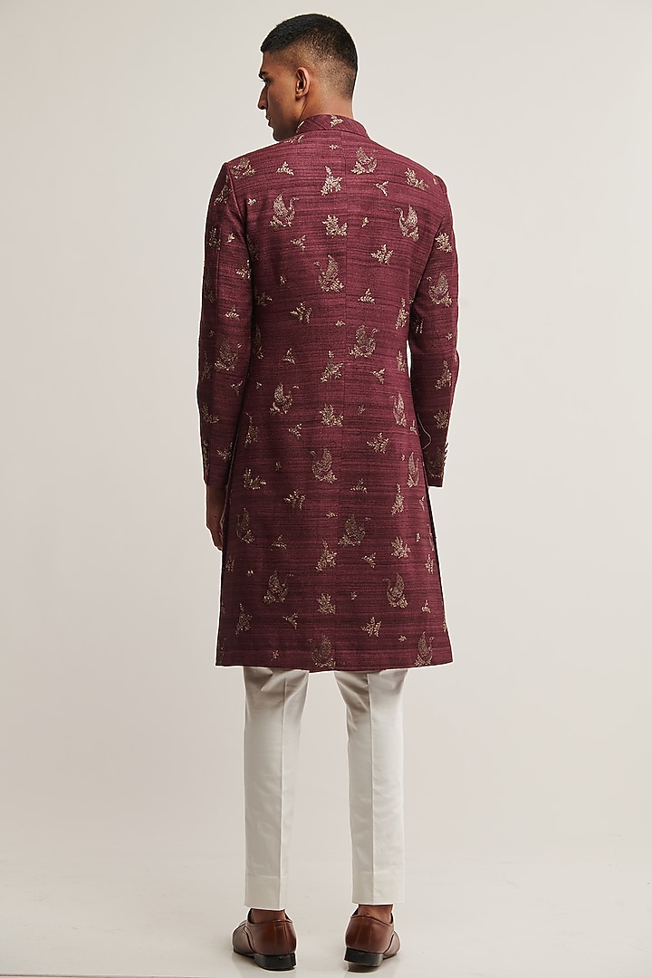 Old Mauve Silk Embroidered Wedding Indowestern Set by Dhruv Vaish at Pernia's Pop Up Shop