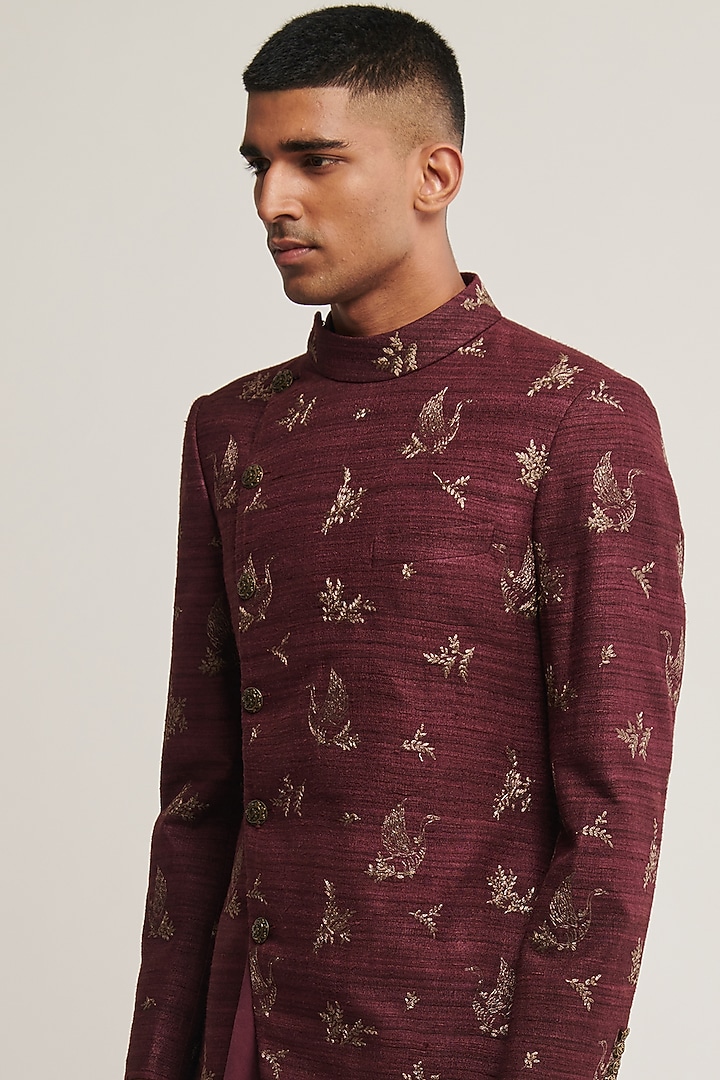 Old Mauve Silk Embroidered Wedding Indowestern Set by Dhruv Vaish at Pernia's Pop Up Shop