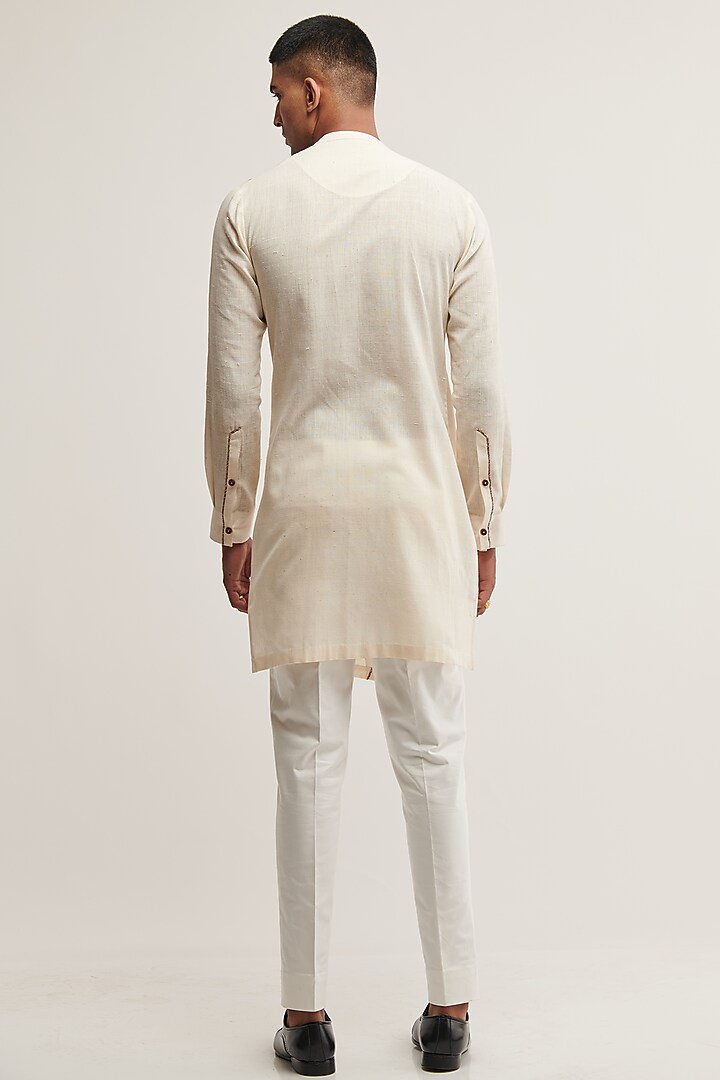 Vanilla-Colored Handloom Cotton Thread Embroidered Kurta Set by Dhruv Vaish at Pernia's Pop Up Shop
