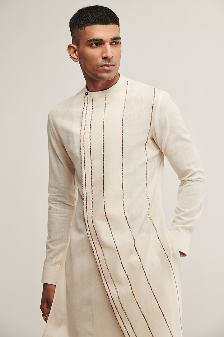 Vanilla-Colored Handloom Cotton Thread Embroidered Kurta Set by Dhruv Vaish at Pernia's Pop Up Shop