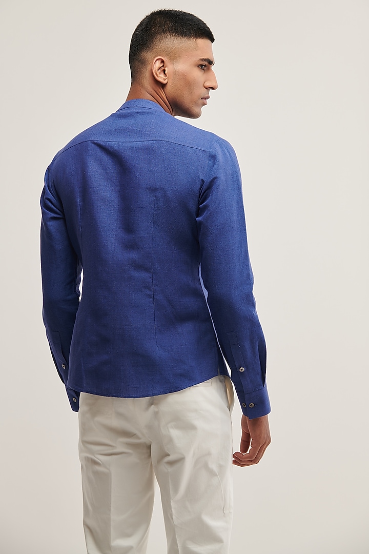 Carbon Blue Handloom Cotton Striped Party Wear Shirt by Dhruv Vaish at Pernia's Pop Up Shop