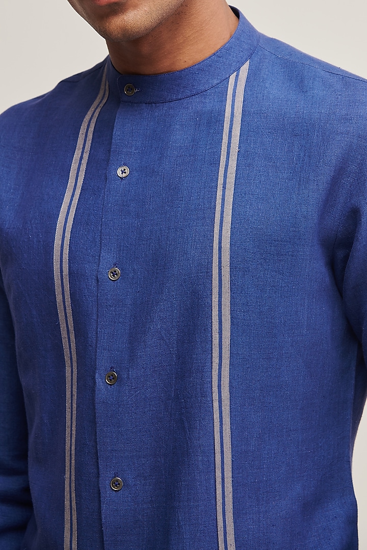 Carbon Blue Handloom Cotton Striped Party Wear Shirt by Dhruv Vaish at Pernia's Pop Up Shop