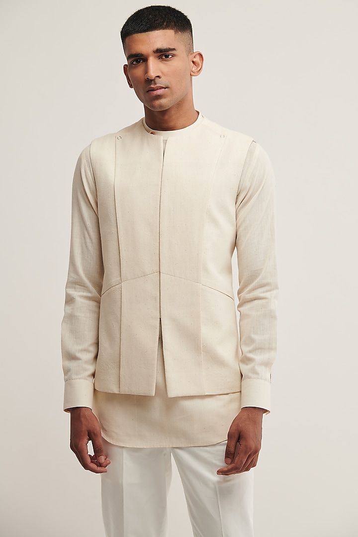 Vanilla Handloom Cotton Jawahar Jacket by Dhruv Vaish