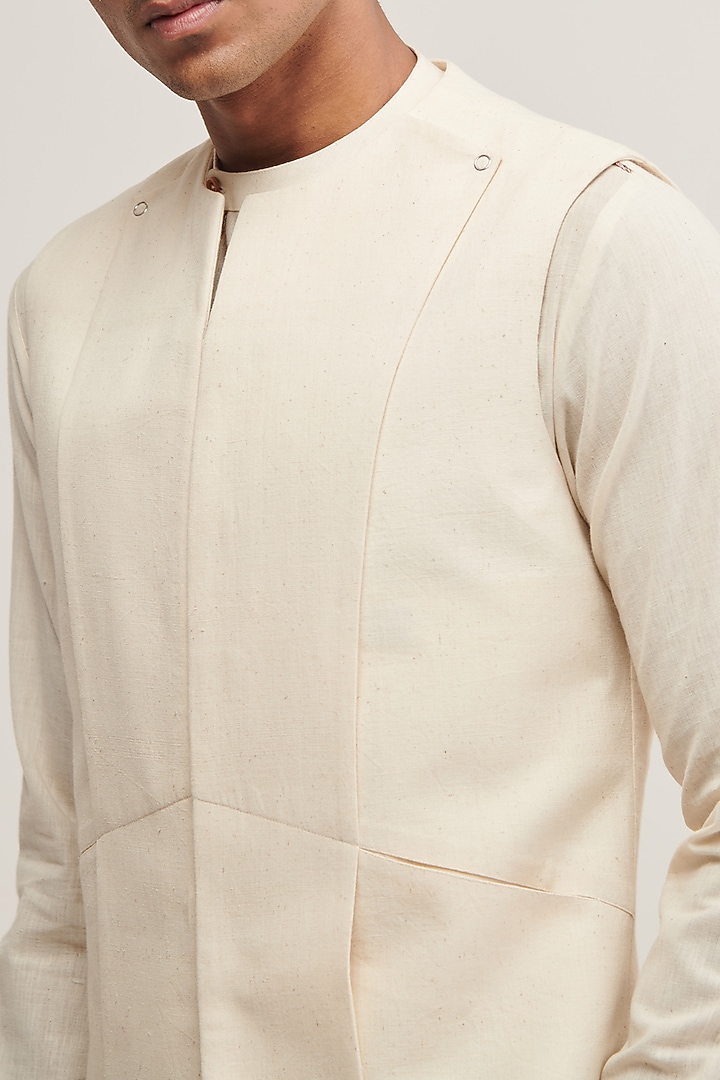 Vanilla Handloom Cotton Nehru Jacket by Dhruv Vaish at Pernia's Pop Up Shop