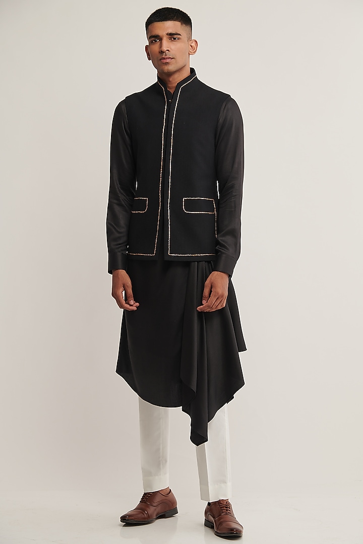 Black Handloom Cotton Jawahar Jacket by Dhruv Vaish