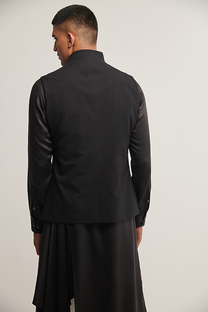 Black Handloom Cotton Jawahar Jacket by Dhruv Vaish at Pernia's Pop Up Shop