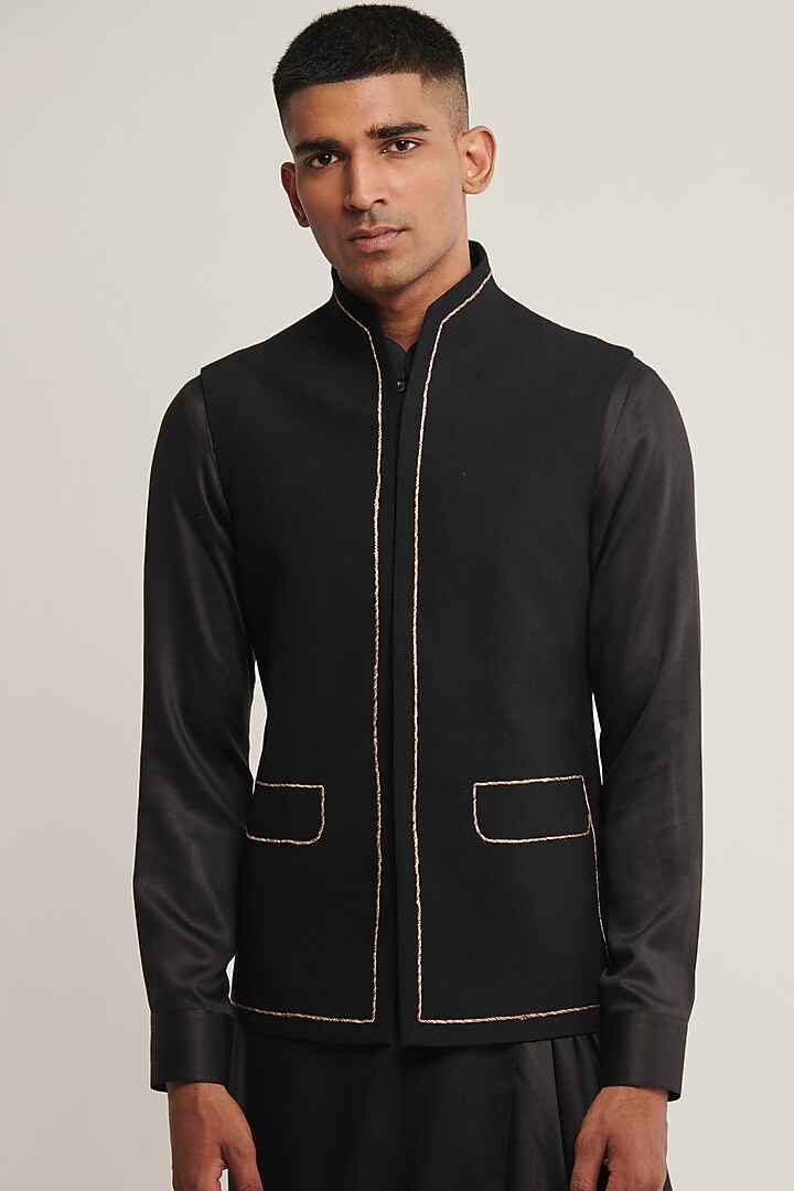 Black Handloom Cotton Jawahar Jacket by Dhruv Vaish at Pernia's Pop Up Shop