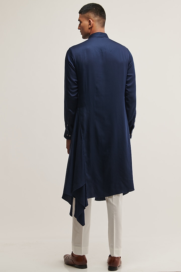 Navy Cotton Satin Draped Kurta Set by Dhruv Vaish at Pernia's Pop Up Shop