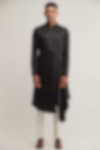 Black Cotton Satin Draped Kurta Set by Dhruv Vaish