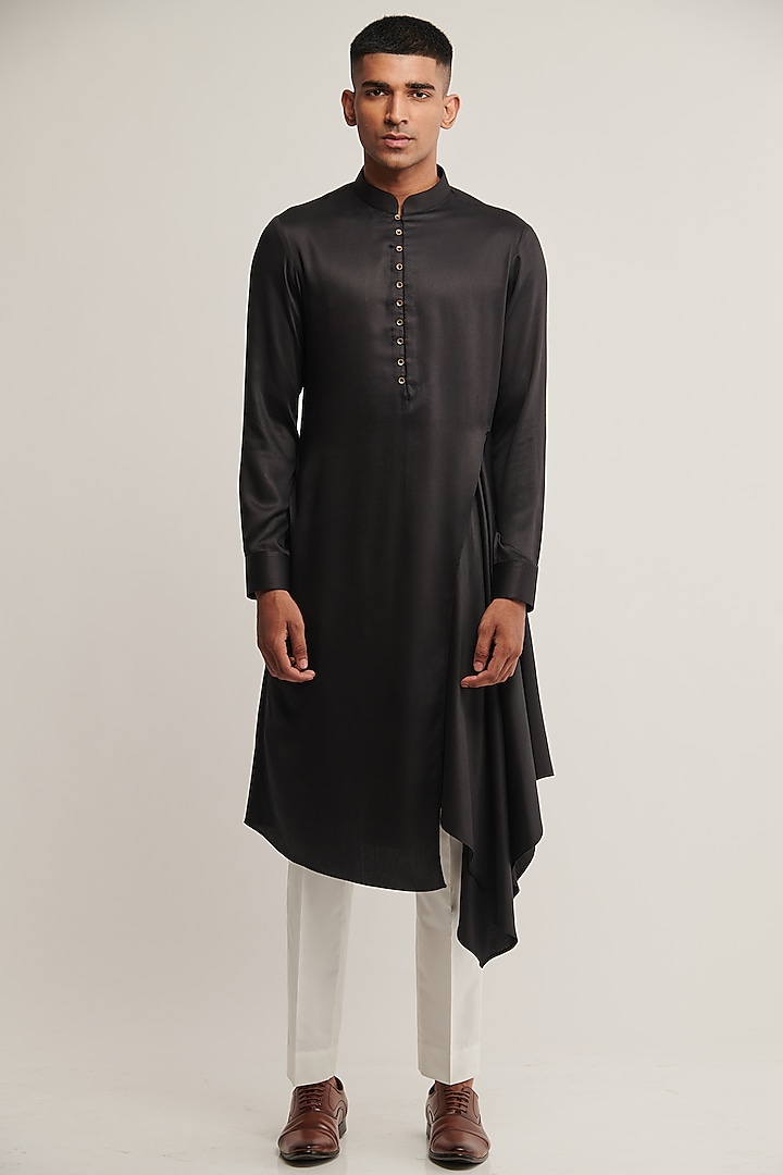 Black Cotton Satin Draped Kurta Set by Dhruv Vaish