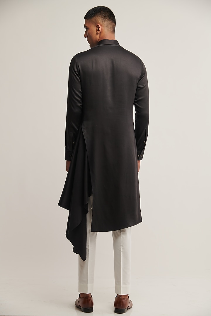 Black Cotton Satin Draped Kurta Set by Dhruv Vaish at Pernia's Pop Up Shop