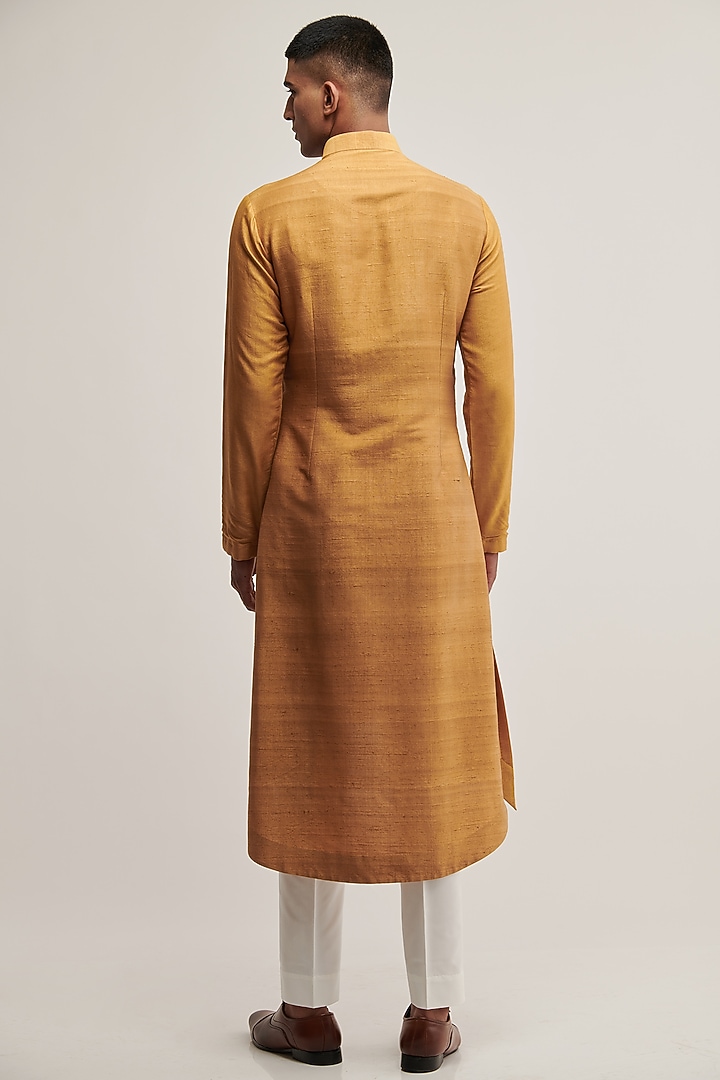 Mustard Raw Silk & Cotton Silk Embroidered Kurta Set by Dhruv Vaish at Pernia's Pop Up Shop