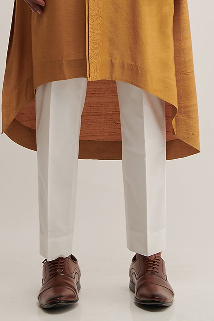 Mustard Raw Silk & Cotton Silk Embroidered Kurta Set by Dhruv Vaish at Pernia's Pop Up Shop