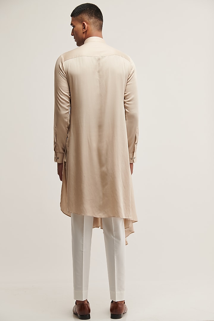 Moon-Colored Cotton Satin Draped Kurta Set by Dhruv Vaish at Pernia's Pop Up Shop