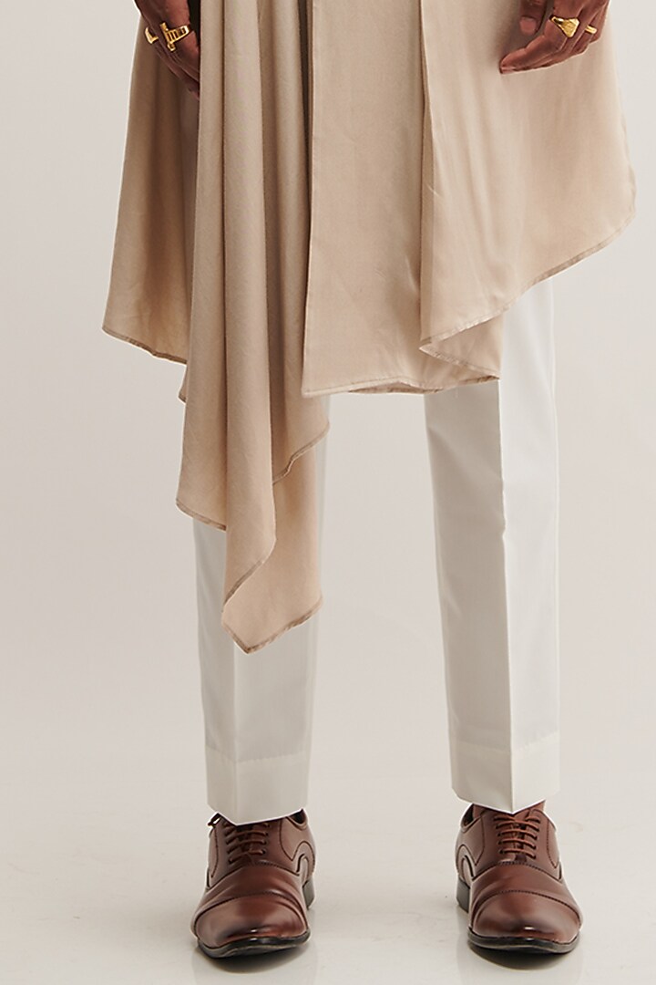 Moon-Colored Cotton Satin Draped Kurta Set by Dhruv Vaish at Pernia's Pop Up Shop