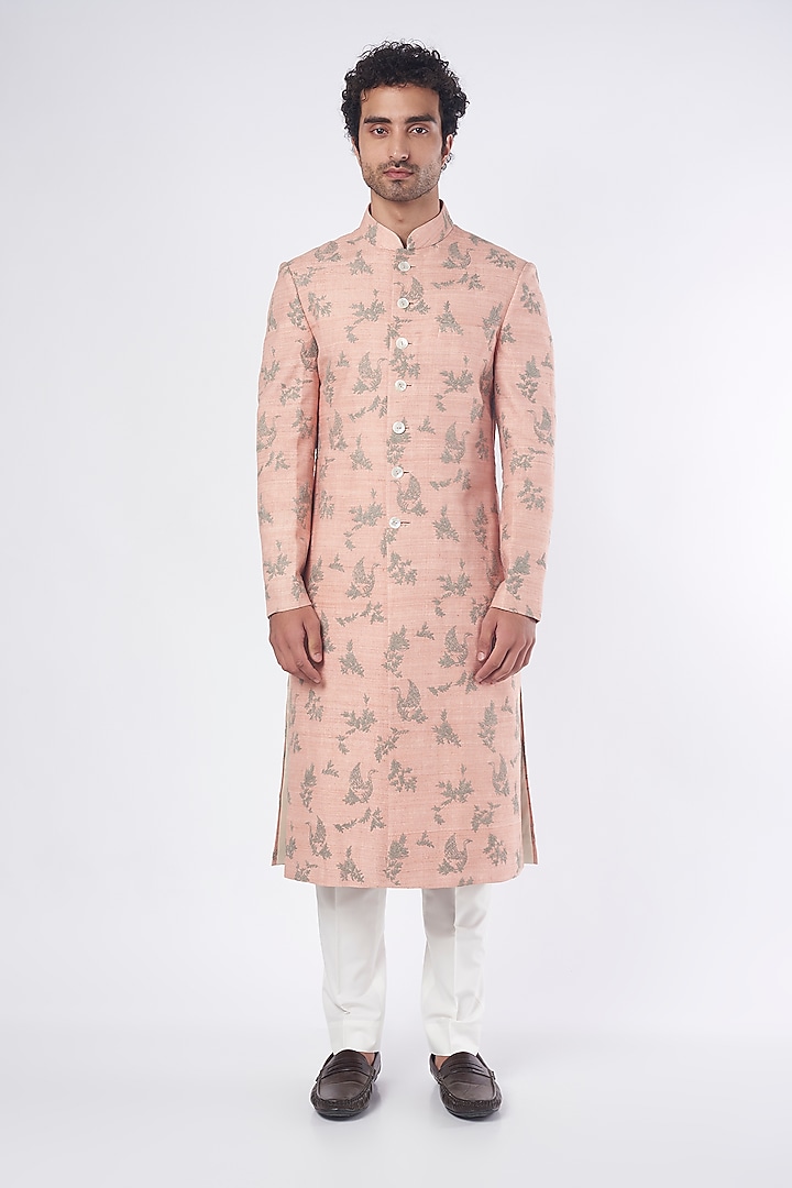 Sand Rose Silk Embroidered Groom Sherwani Set by Dhruv Vaish at Pernia's Pop Up Shop