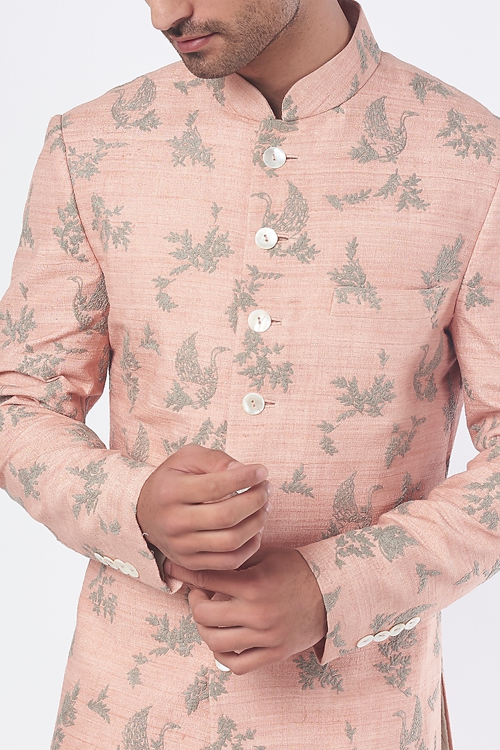 Sand Rose Silk Embroidered Groom Sherwani Set by Dhruv Vaish at Pernia's Pop Up Shop