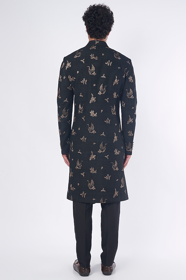 Black Silk Embroidered Wedding Indowestern Set by Dhruv Vaish at Pernia's Pop Up Shop