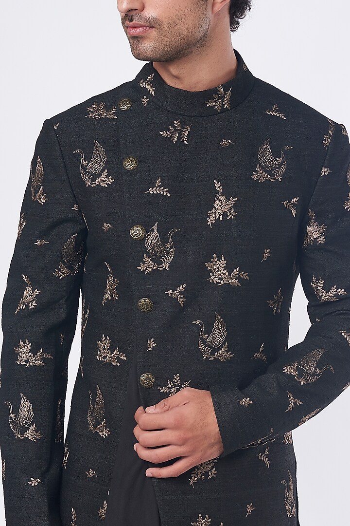 Black Silk Embroidered Wedding Indowestern Set by Dhruv Vaish at Pernia's Pop Up Shop