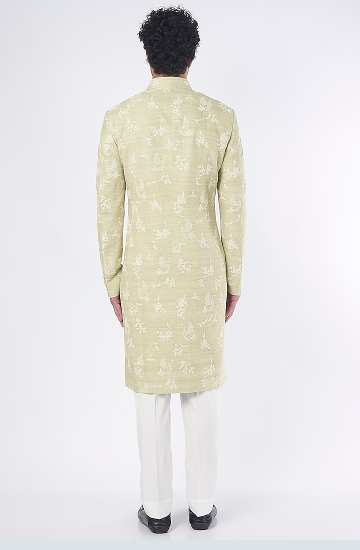 Mint Green Silk Embroidered Groom Sherwani Set by Dhruv Vaish at Pernia's Pop Up Shop