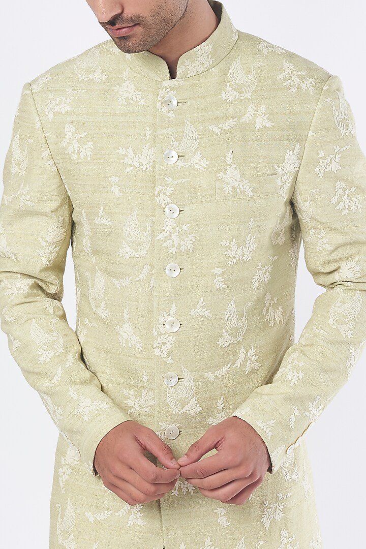 Mint Green Silk Embroidered Groom Sherwani Set by Dhruv Vaish at Pernia's Pop Up Shop