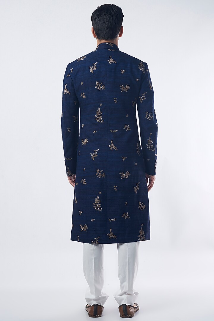Navy Blue Silk Embroidered Wedding Sherwani Set by Dhruv Vaish at Pernia's Pop Up Shop