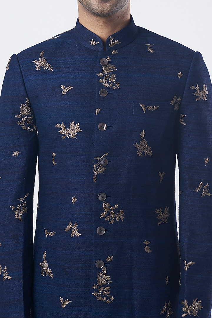 Navy Blue Silk Embroidered Wedding Sherwani Set by Dhruv Vaish at Pernia's Pop Up Shop