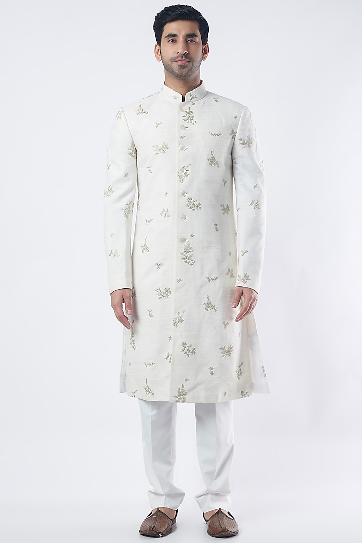 Ivory Embroidered Sherwani Set by Dhruv Vaish