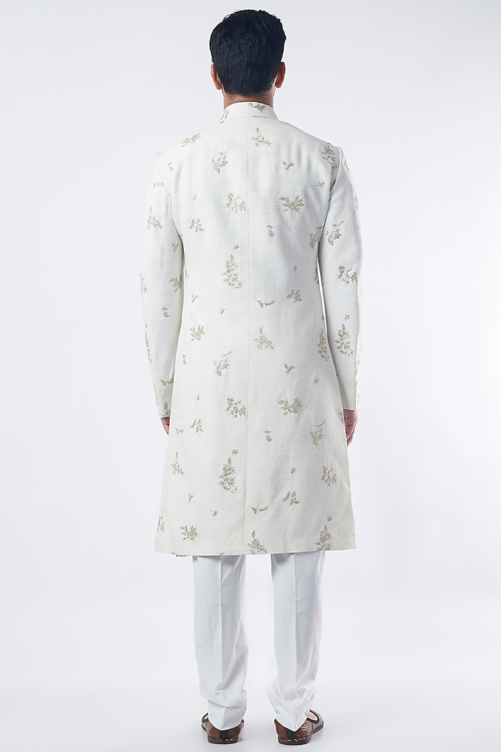 Ivory Silk Embroidered Wedding Sherwani Set by Dhruv Vaish at Pernia's Pop Up Shop