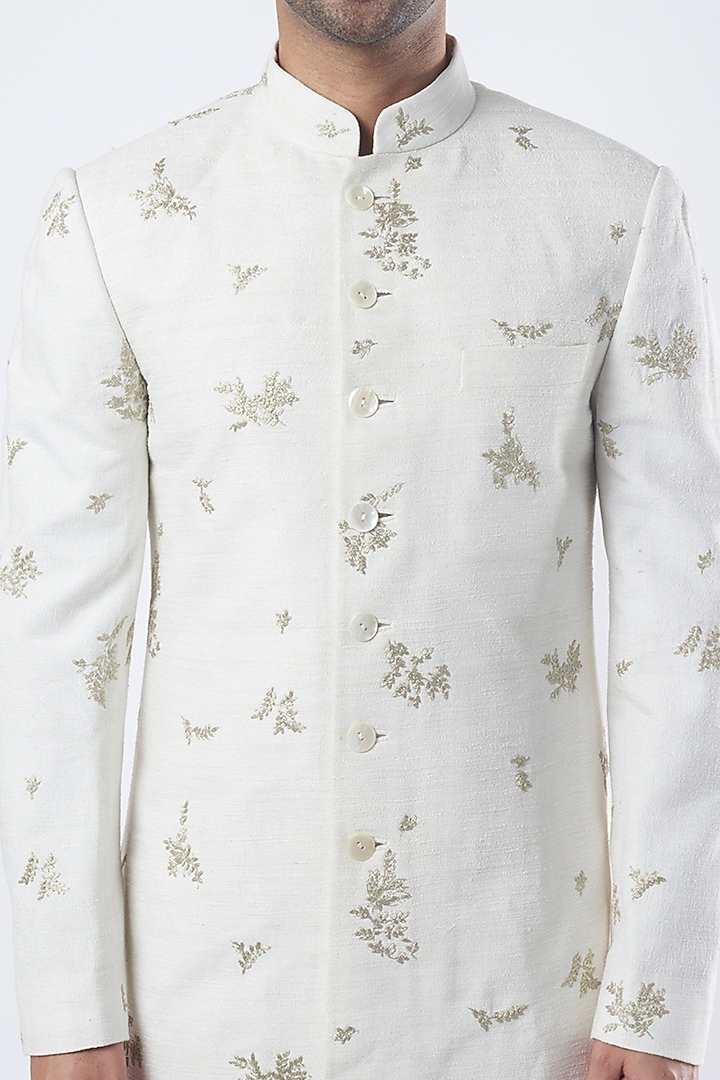 Ivory Silk Embroidered Wedding Sherwani Set by Dhruv Vaish at Pernia's Pop Up Shop