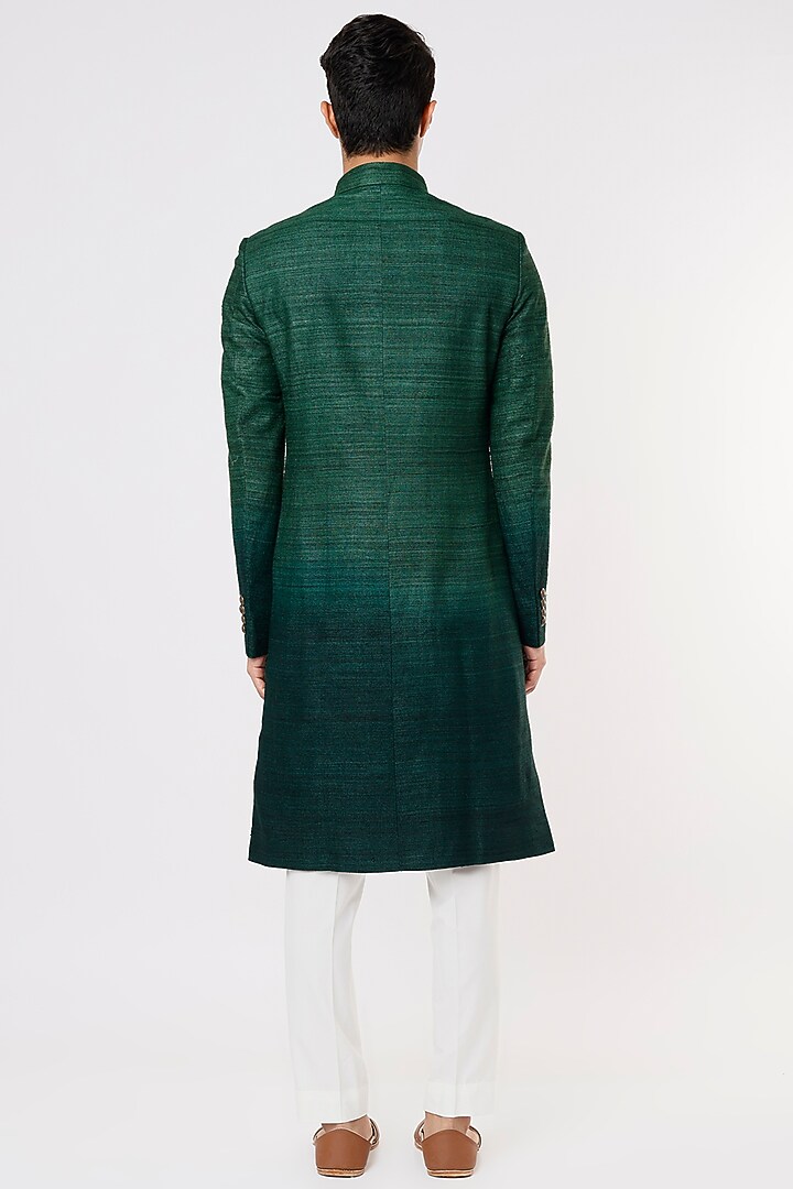 Bottle Green Ombre Silk Embroidered Wedding Sherwani Set by Dhruv Vaish at Pernia's Pop Up Shop