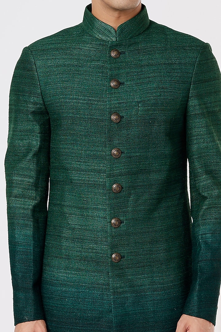 Bottle Green Ombre Silk Embroidered Wedding Sherwani Set by Dhruv Vaish at Pernia's Pop Up Shop