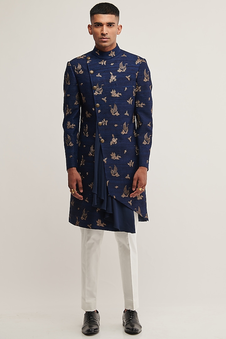 Navy Blue Embroidered Indowestern Set by Dhruv Vaish