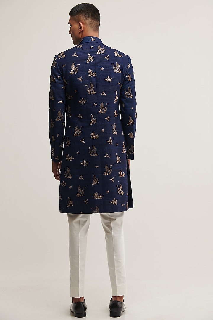 Navy Blue Silk Embroidered Wedding Indowestern Set by Dhruv Vaish at Pernia's Pop Up Shop