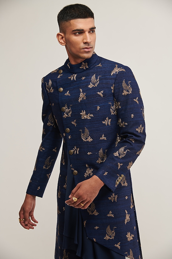 Navy Blue Silk Embroidered Wedding Indowestern Set by Dhruv Vaish at Pernia's Pop Up Shop
