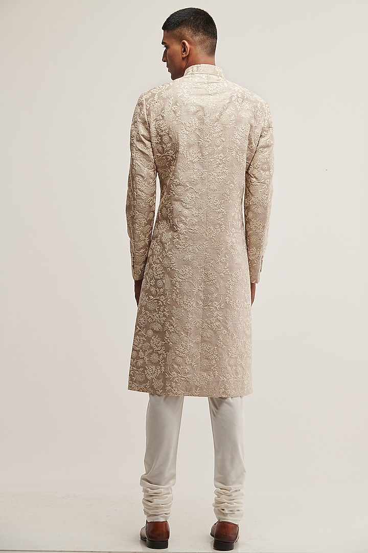Moon Rock Silk Embroidered Groom Sherwani Set by Dhruv Vaish at Pernia's Pop Up Shop